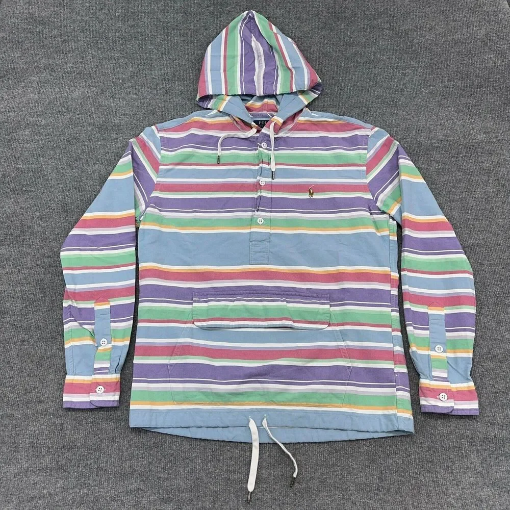 Polo Ralph Lauren Hoodie Mens M Striped‎ Pastel Flesh Pony Pullover Shirt Anorak
